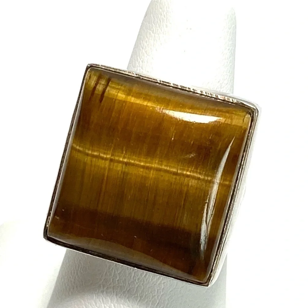 Tiger’s Eye 925 Artisan Native Ring Sterling Silver Size 7.25 Square 11.82g